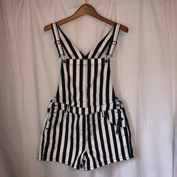 black and white striped overall shorts